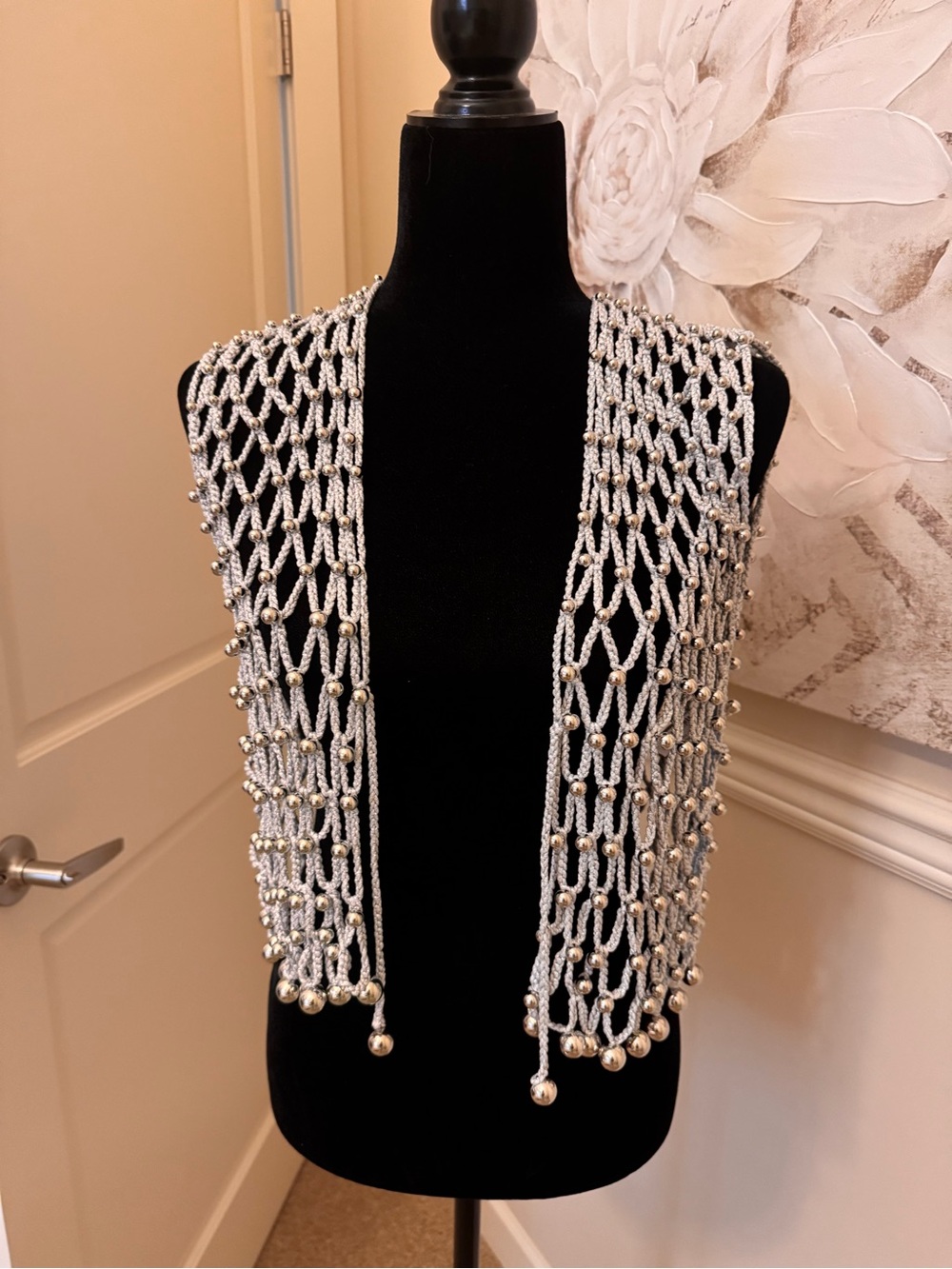 Silver Beaded Open Weave vest top.